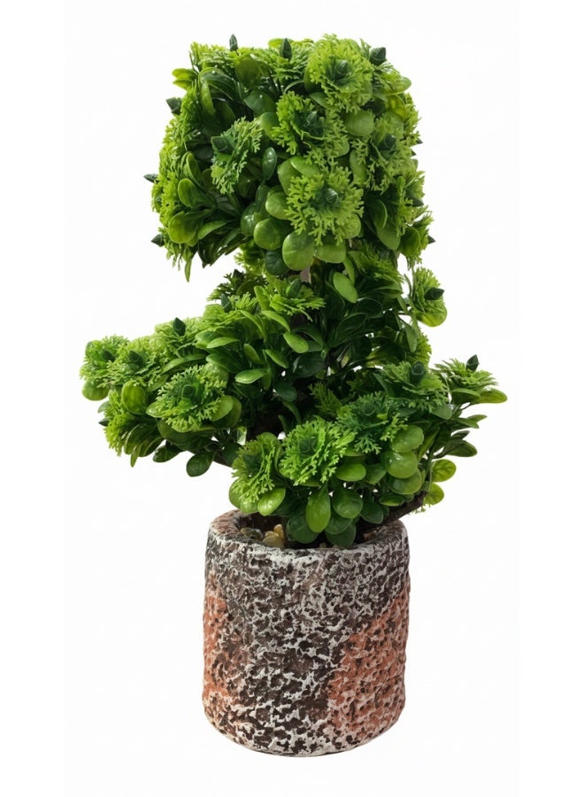 شجيرة بونساي صناعية خضراء كثيفة بتصميم شجري متدرج تحاكي فن البونساي الياباني مع أوراق خضراء داكنة وفاتحة واقعية داخل أصيص حجري صخري ريفي دائري بلمسة فخار معتق و حصى طبيعي للديكور الداخلي للمنازل والمكاتب وغرف المعيشة والاستقبال بدون ري أو صيانة - Image 3